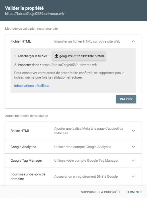  Interface GSC : écran de vérification de propriété avec la méthode : fichier html