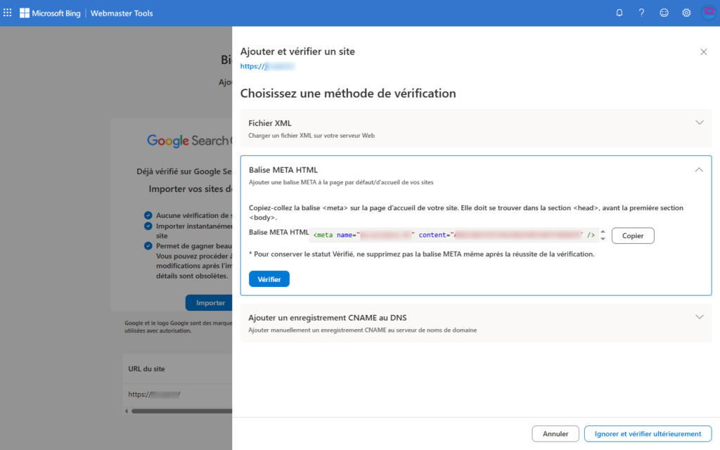 Interface Bing Webmaster Tools : écran de vérification de propriété