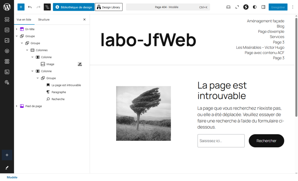 Interface WordPress : édition du template 404 dans l'éditeur FSE ou dans le plugin 404page