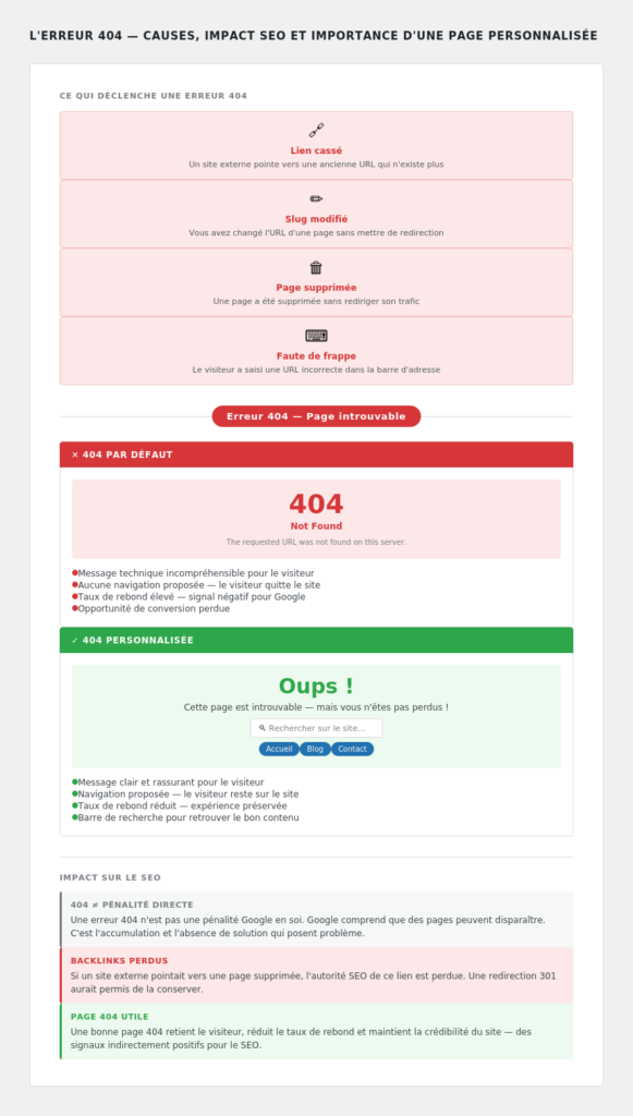 Diagramme : causes d'une 404, comparaison page par défaut vs page personnalisée, impact SEO