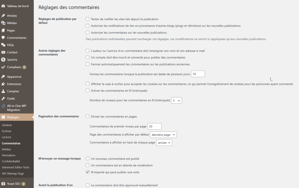 reglage wordpress onglet commentaires