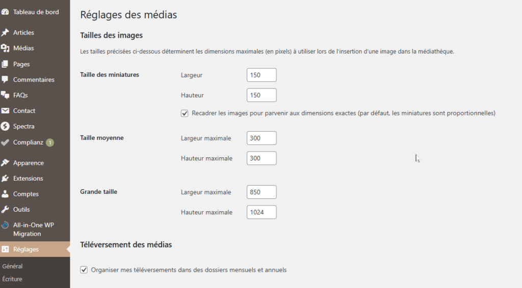 reglage wordpress onglet medias
