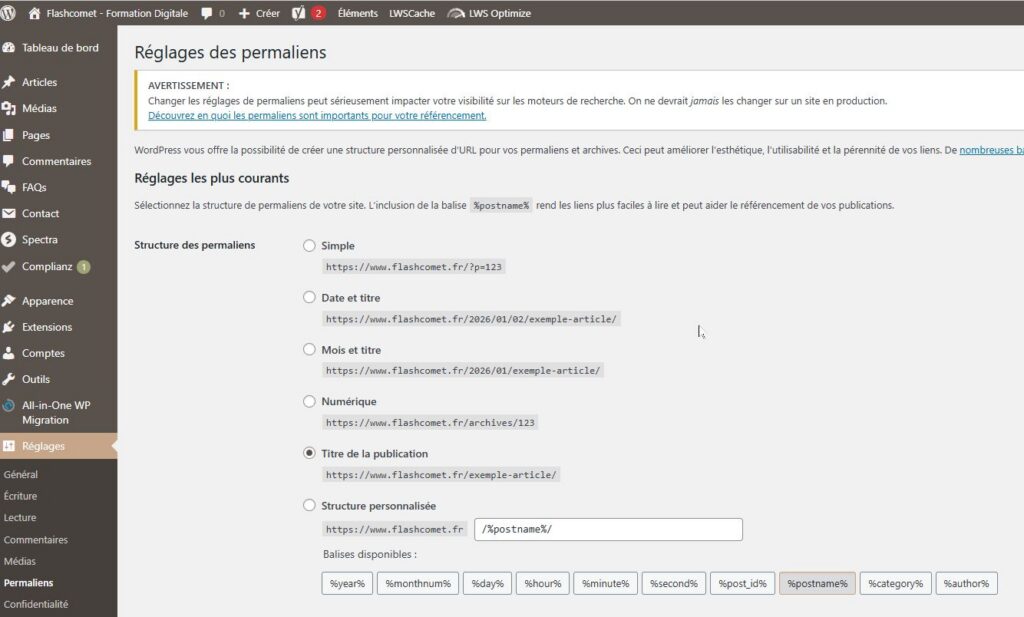 reglage wordpress onglet permaliens