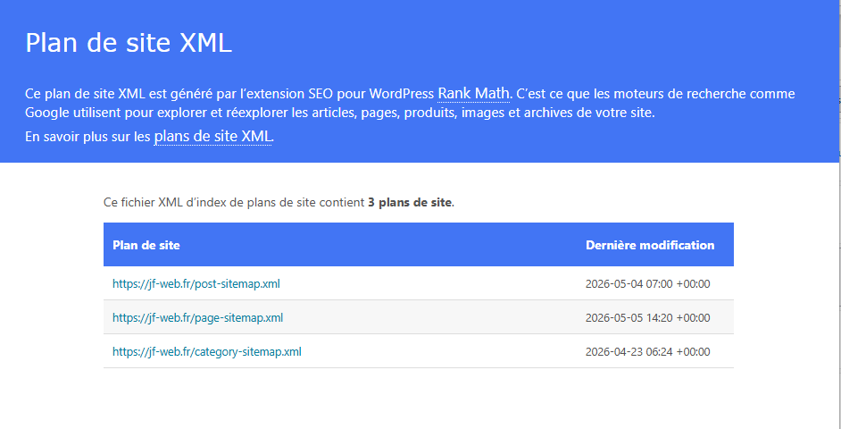 Vue du fichier sitemap_index.xml dans le navigateur avec les différentes sections