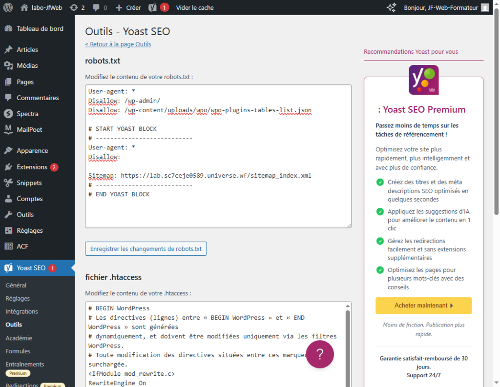 Interface WordPress : éditeur robots.txt dans Yoast SEO