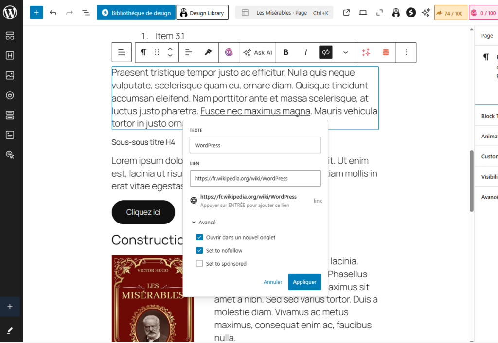 Éditeur Gutenberg : options avancées du lien avec case nofollow cochée