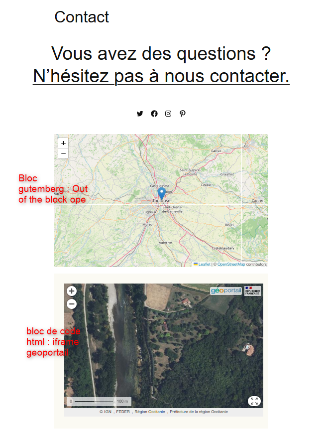 Rendus front-end de cartes intégrées sur une page de contact avec bloc out of the block et bloc html et iframe