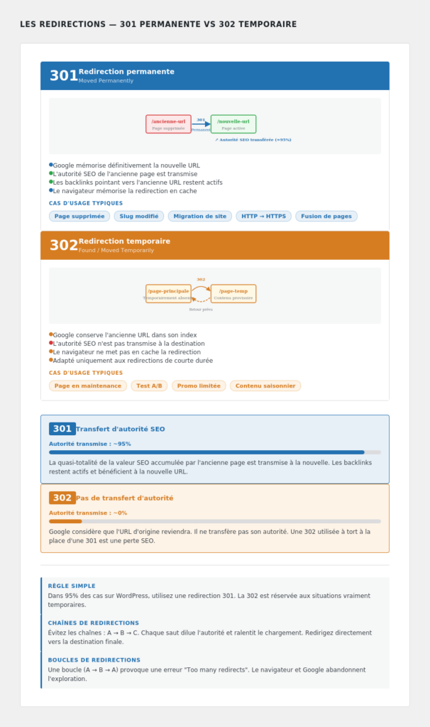 Diagramme : 301 vs 302, flux de redirection et transfert d'autorité SEO