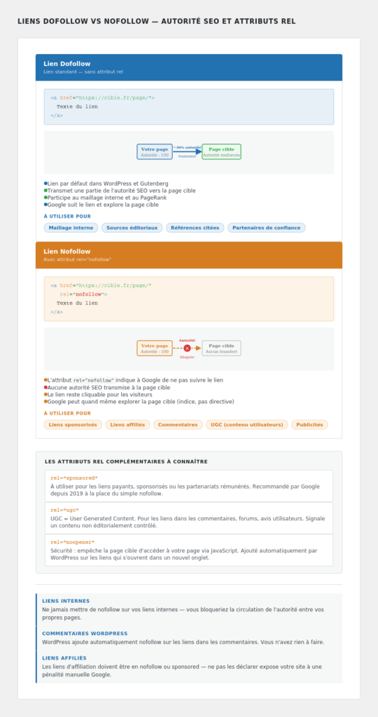Schéma : dofollow transmet l'autorité, nofollow bloque le transfert — avec le code HTML correspondant