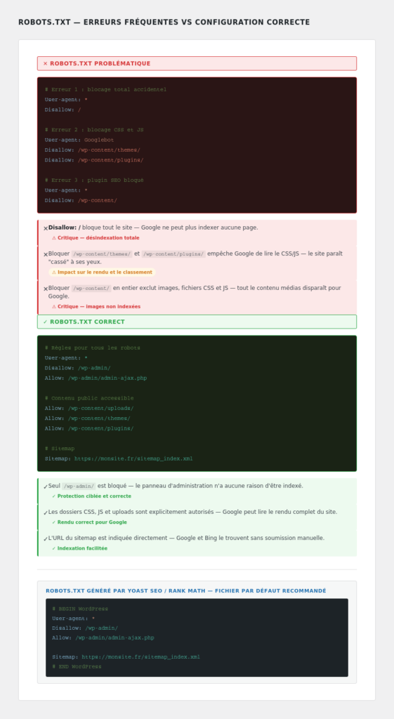 Comparaison robots.txt problématique vs robots.txt correct avec annotations
