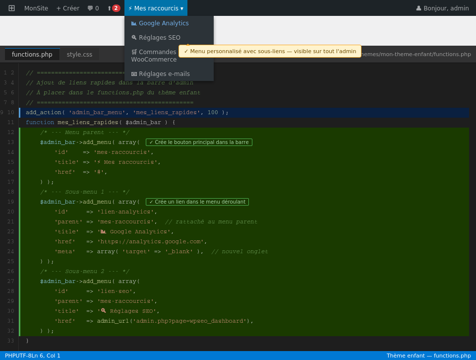 Code dans functions.php et résultat dans la barre