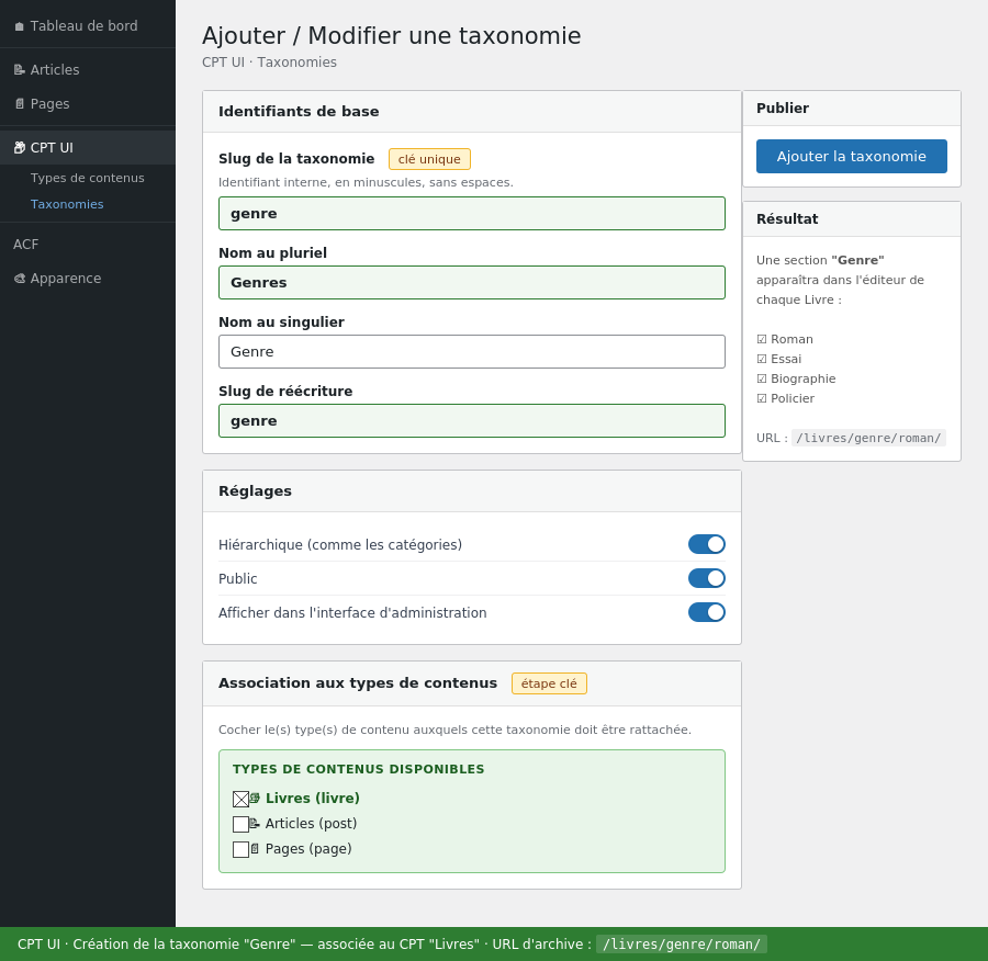 CPT UI : création de la taxonomie "Genre"