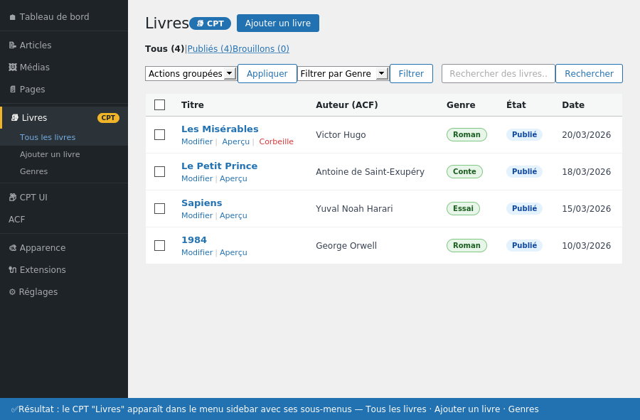 Le CPT Livres dans la sidebar WordPress
