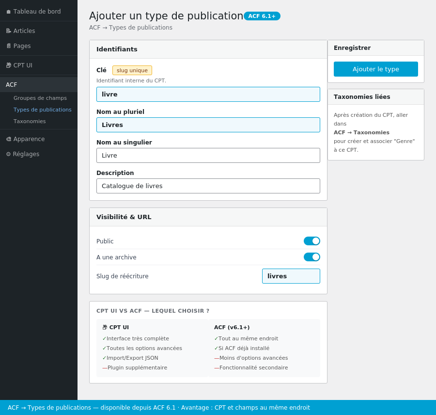 création d'un CPT depuis Types de publications