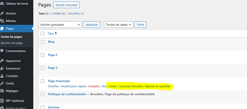 Liste des pages avec les 3 options Yoast Duplicate Post au survol