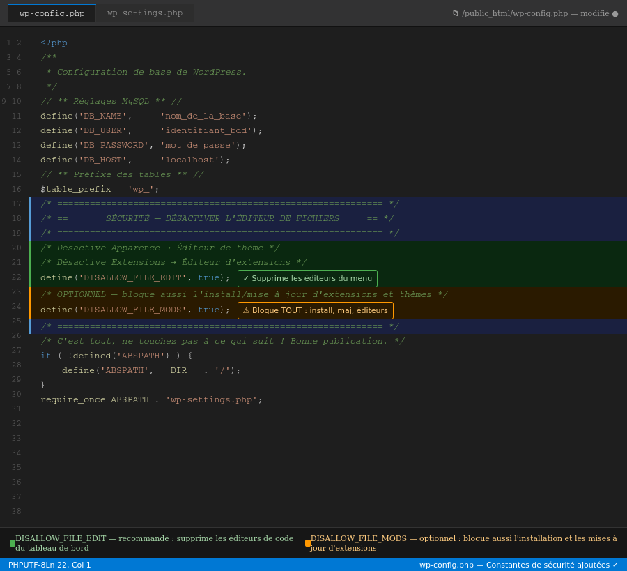 wp-config.php avec les constantes de sécurité ajoutées