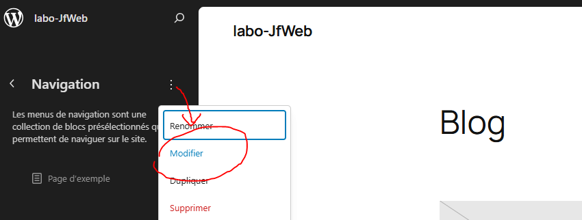 Éditeur de site FSE : bloc Navigation modification du menu