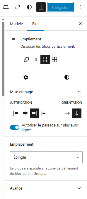 Éditeur FSE, bloc Navigation, réglages menu mobile sidebar