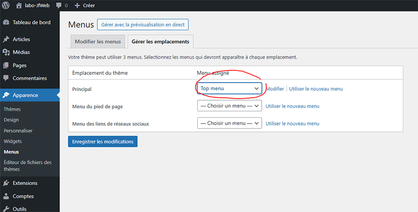 Interface WordPress Apparence Menus onglet Gérer les emplacements