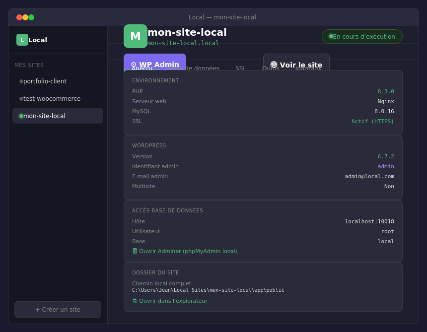 dashboard du nouveau site créé dans local wp