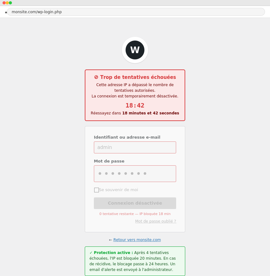 La page de connexion après blocage : formulaire désactivé avec compte à rebours