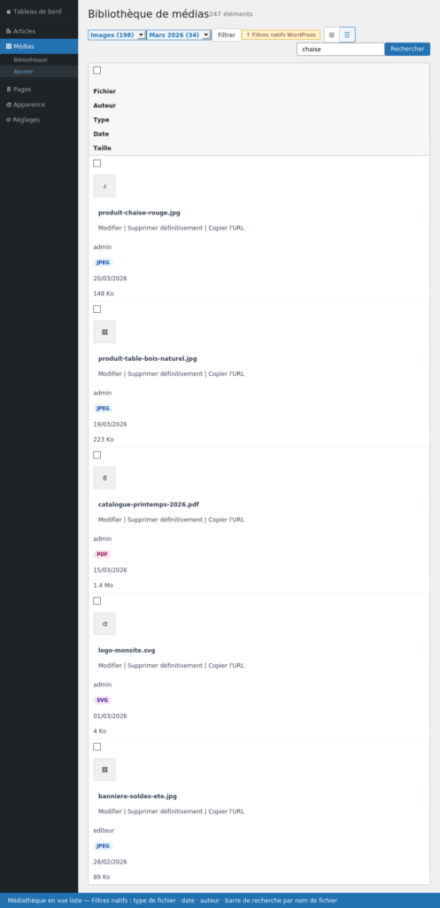 Médiathèque en vue liste avec filtres