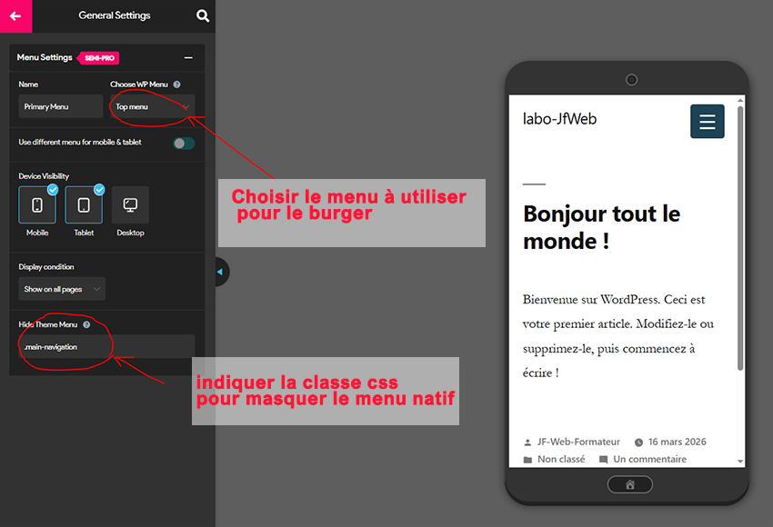 Interface du plugin Responsive Menu, réglages principaux