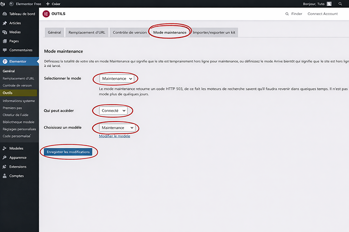 parametrage page maintenance Elementor Pro