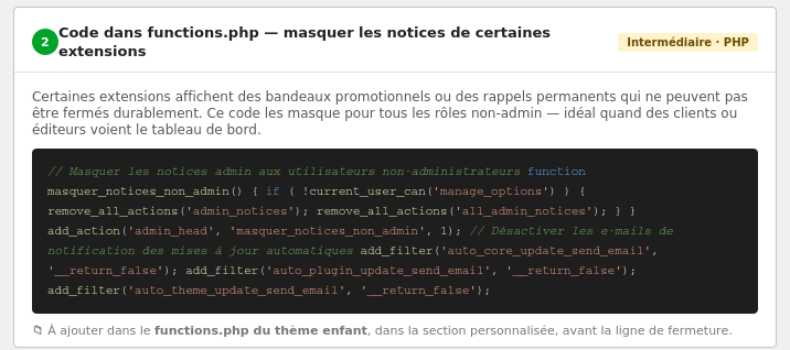 fichier functions.php masquer les notices de certaines extensions