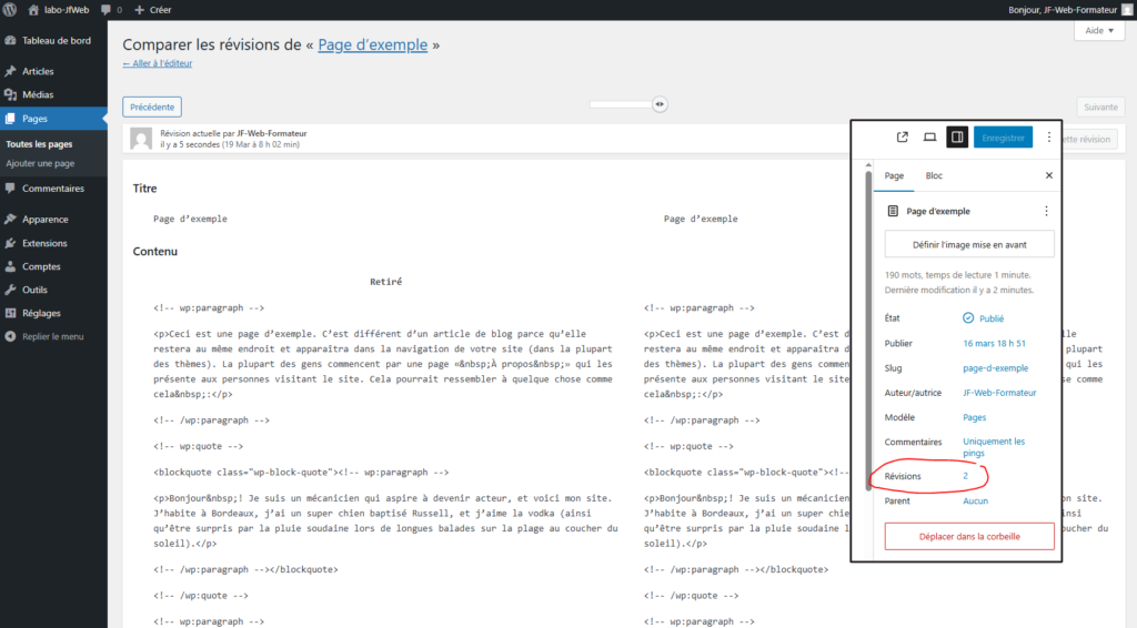 Panneau révisions dans la sidebar + écran de comparaison