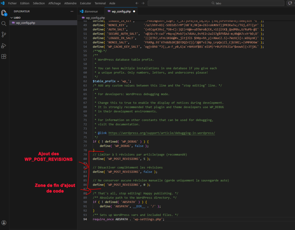 wp-config.php avec WP_POST_REVISIONS configuré
