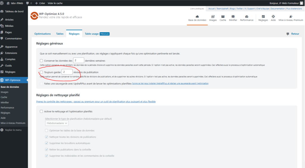WP-Optimize, Base de données, onglet Réglages généraux,
gestion des révisions