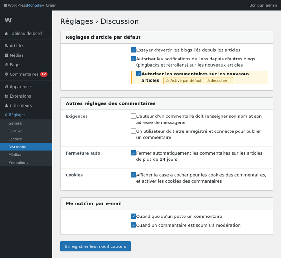 capture écran WordPress réglage des paramètres des discussions 