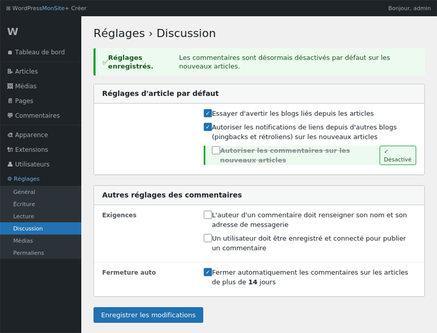 capture écran WordPress les commentaires sont désormais désactivés par défaut sur les nouveaux articles
