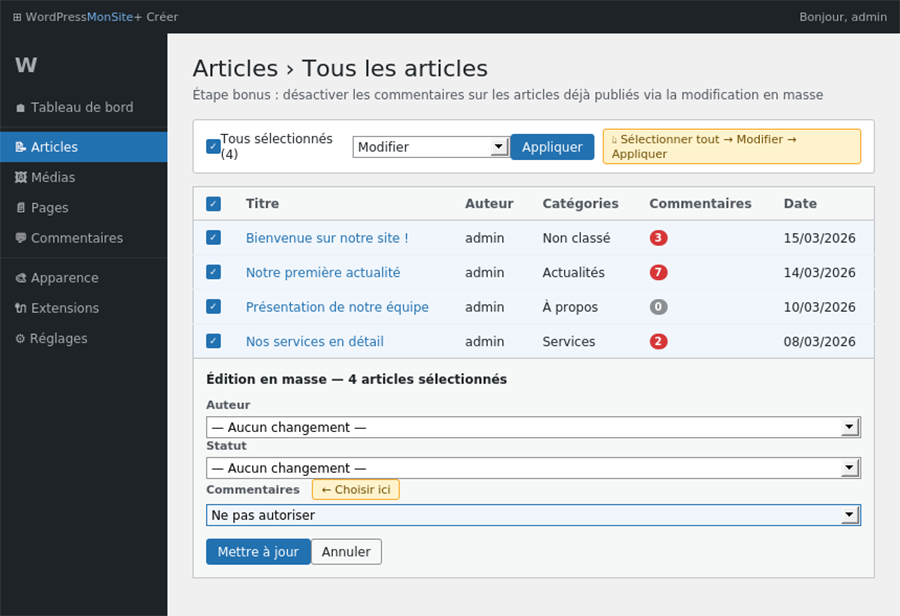 Édition en masse : commentaires → Ne pas autoriser