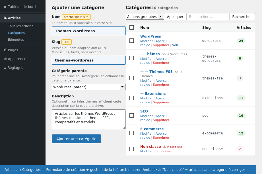 Interface de gestion des catégories