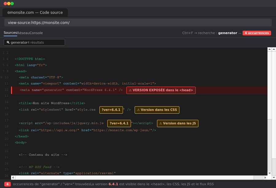 Code source d'une page WordPress : 4 endroits où la version est exposée