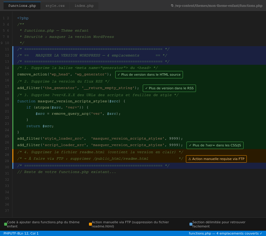 Le code complet dans functions.php avec annotations par emplacement