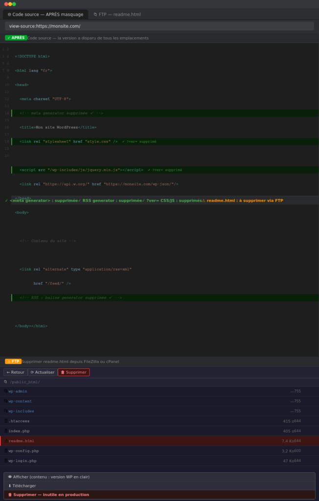 Code source après masquage (version absente) + suppression de readme.html via FTP