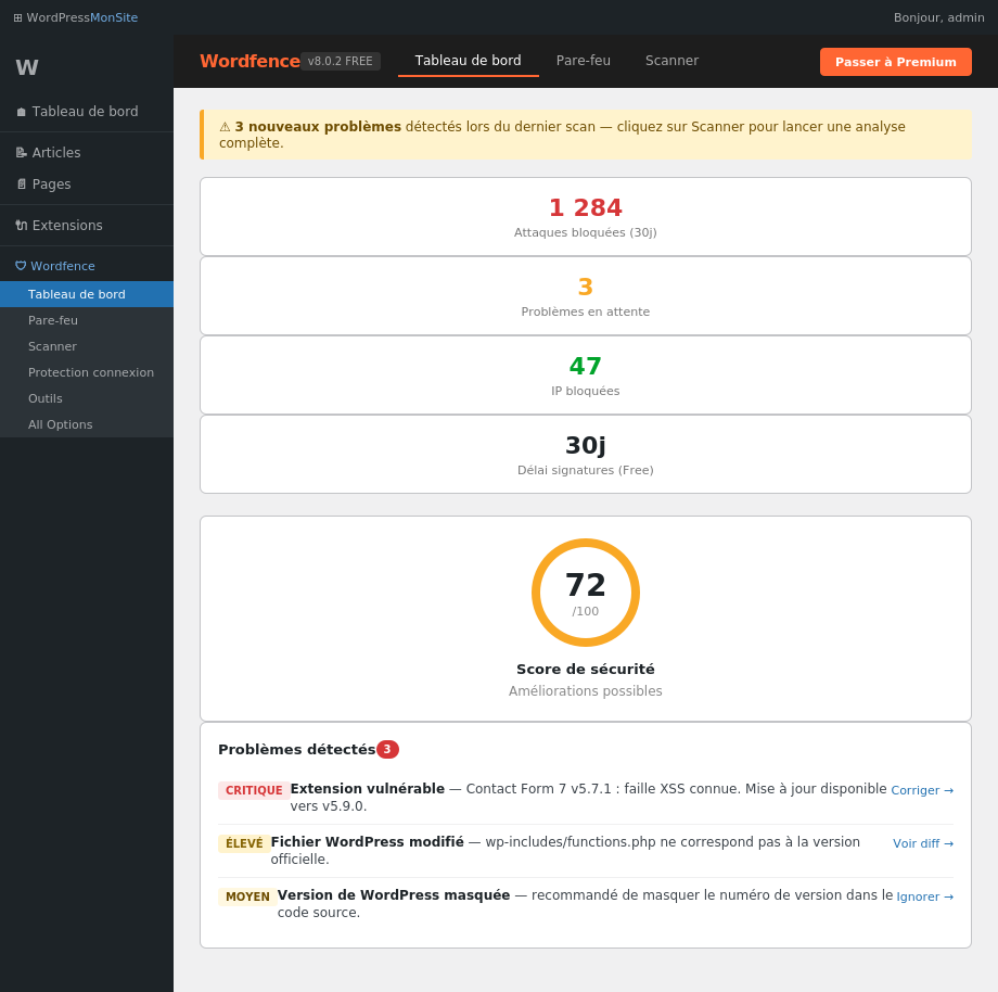 Tableau de bord Wordfence v8.x : score de sécurité, statistiques et problèmes en attente