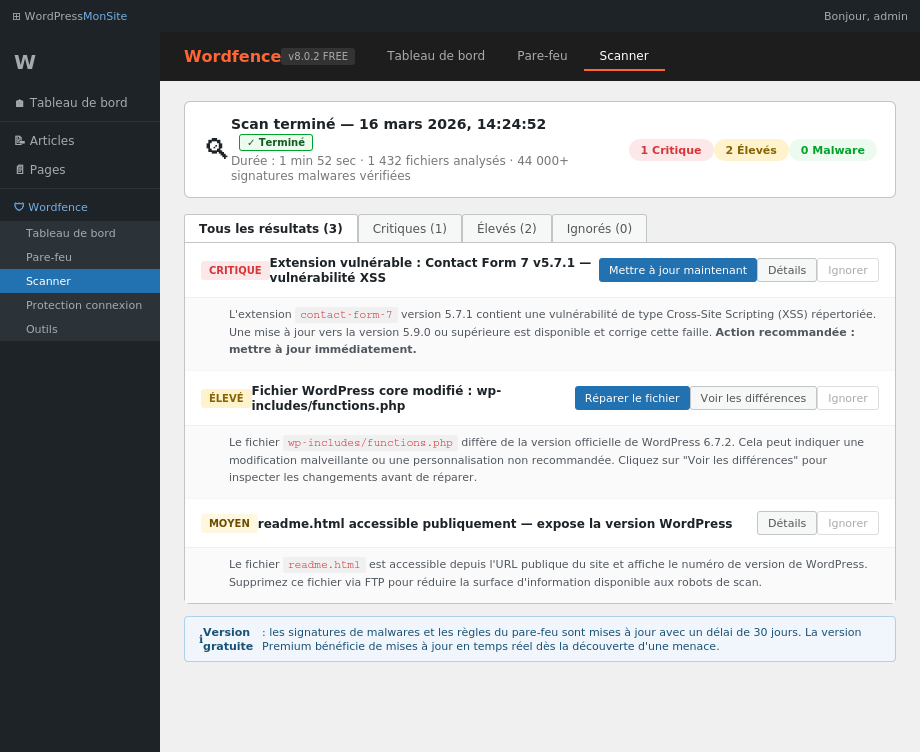 Résultats du scan : 3 problèmes avec niveaux de sévérité et actions disponibles
