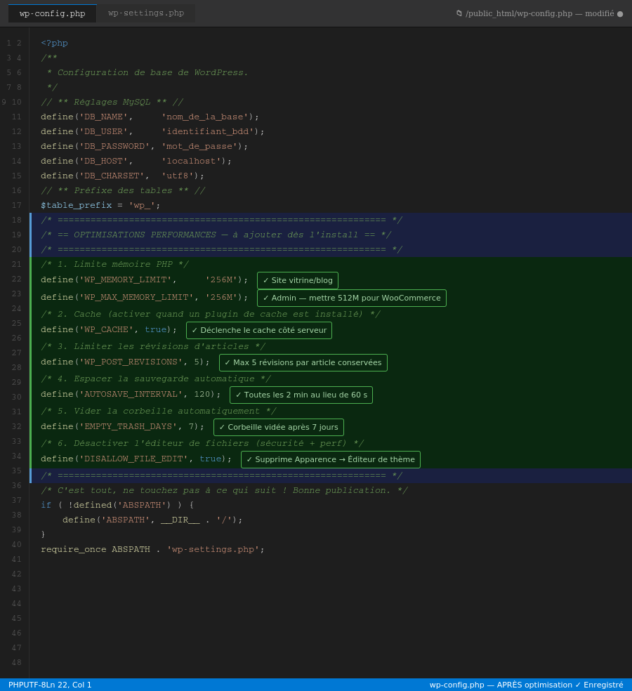 optimisation des performances ajoutées dans le fichier wp-config.php