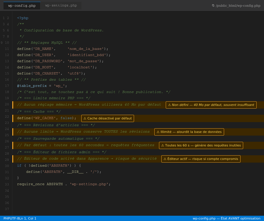 détails fichier wp-config.php après installation