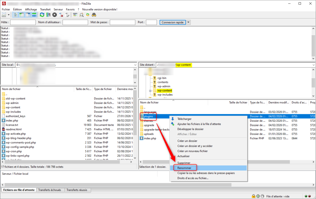 Renommage du dossier plugins via FTP (FileZilla)