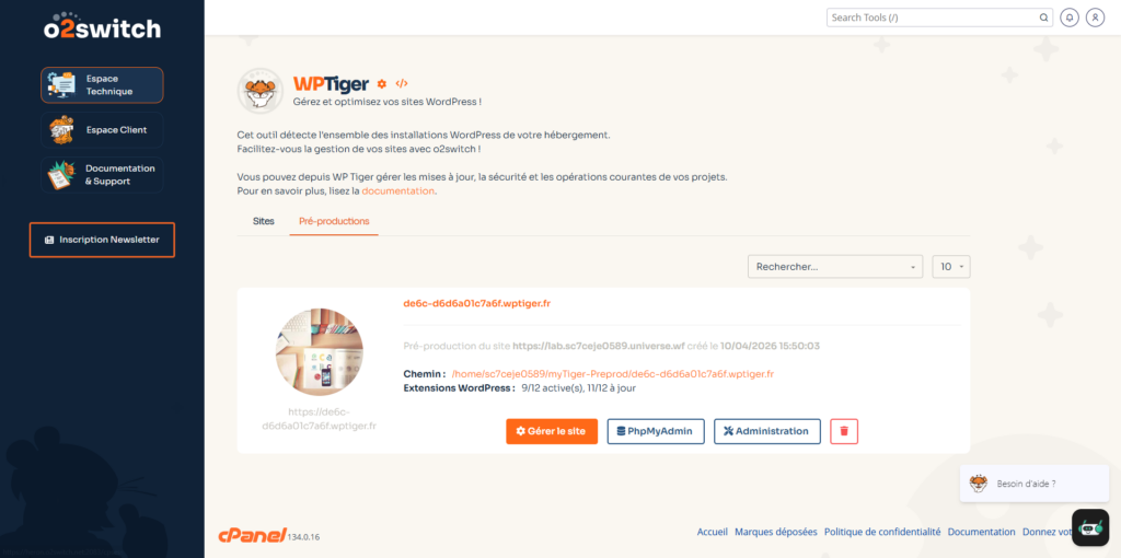 interface Cpanel - staging pré-production