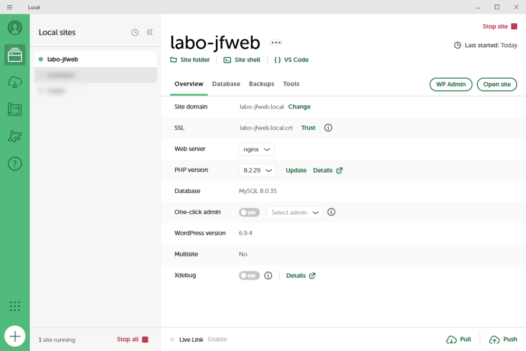 interface de LocalWP