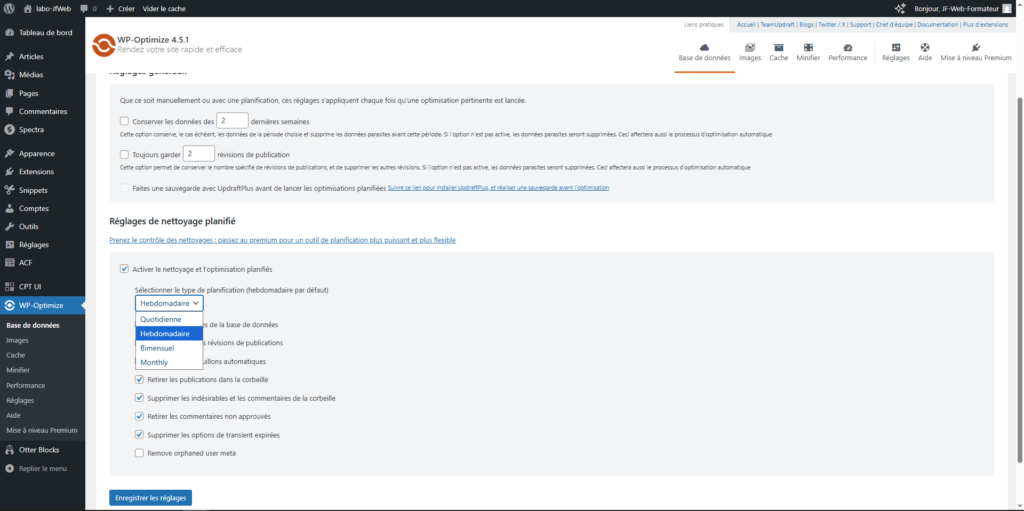 PPlanification des réglages d'optimisation