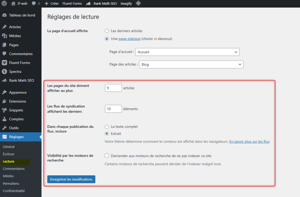 Réglages du flux RSS dans WordPress