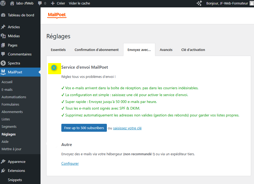 Configurer l'envoi des mails avec mailpoet