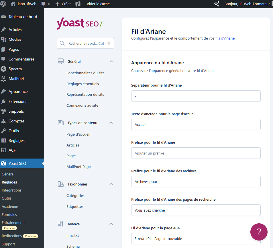 réglages fil d'ariane sur yoast